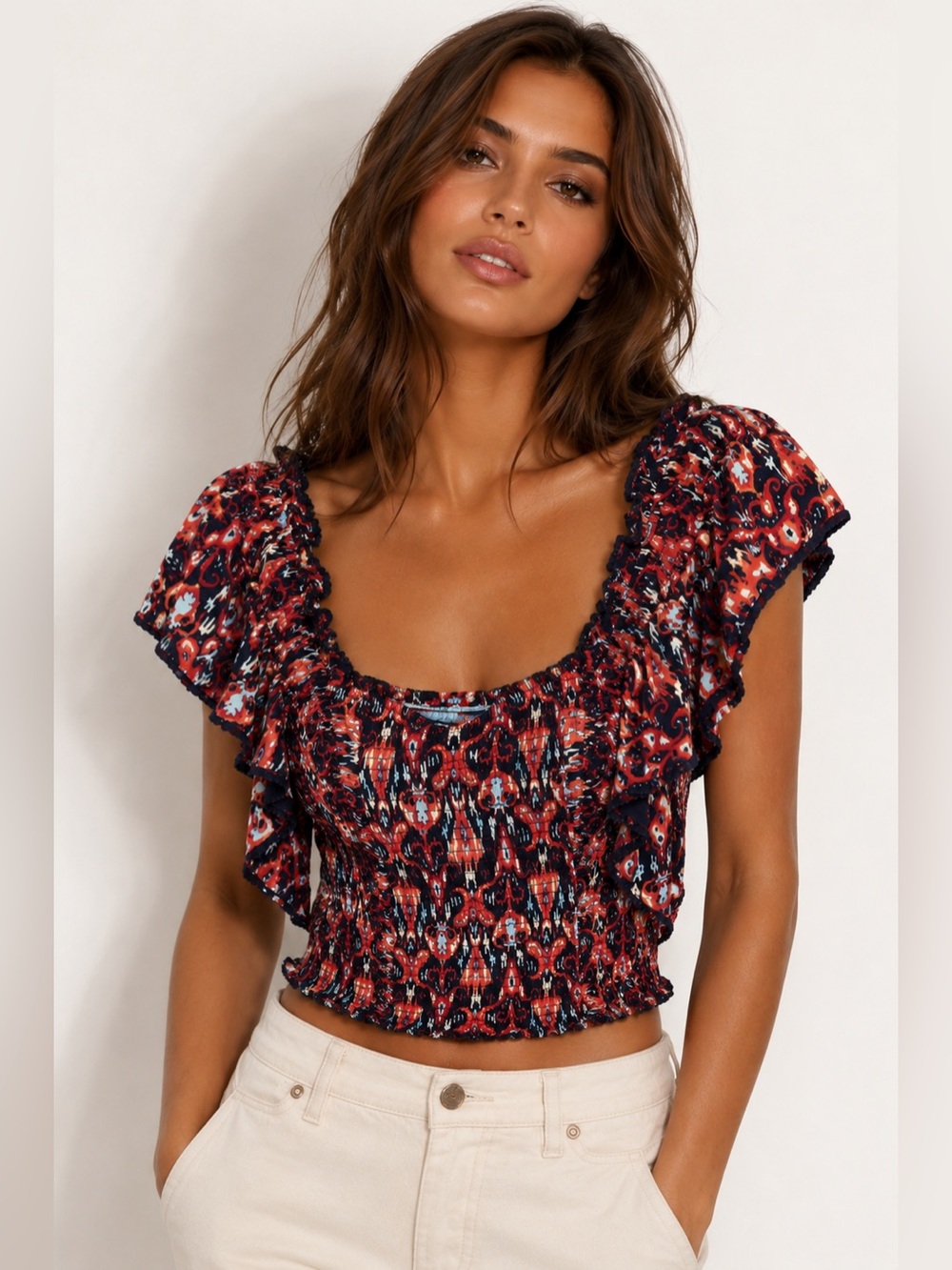 Let Me Be Boho Smocked Ikat Blouse Ruffle Sleeve Romantic Peasant Top XL Boho